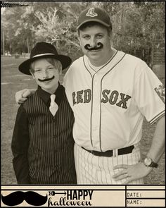 an old photo of two baseball players with fake mustaches on their faces and the caption reads happy father's day