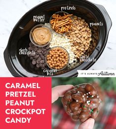 the instructions for how to make a pretzel peanut crockpot candy