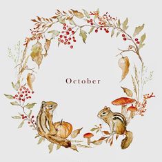 a watercolor painting of two chipmuns in a wreath with autumn leaves and berries