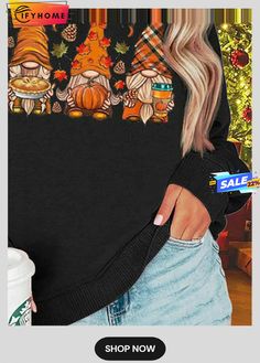 Crew Neck Santa Claus Sweatshirt Fall Long Sleeve Letter Print T-shirt, Fall Letter Print Long Sleeve T-shirt, Fall Long Sleeve T-shirt With Letter Print, Long Sleeve Letter Print T-shirt For Fall, Black Edition, Winter Casual, Santa Claus, Casual Women, Crew Neck