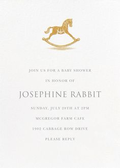 a white and gold baby shower with a rocking horse on the front, in yellow foil