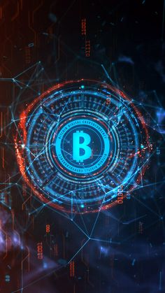 the bitcoin logo is surrounded by blue and red lights in front of an abstract background