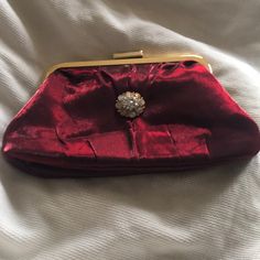 Fancy Silky Red Clutch With Jeweled Flower, And Chain For Shoulder If You Don’t Want To Use As Just A Clutch Chic Red Clutch For Events, Chic Red Clutch For Evening, Chic Red Clutch For Formal Occasions, Chic Red Evening Bag For Events, Elegant Red Clutch For Party, Glamorous Red Bag For Formal Occasions, Elegant Red Clutch For Formal Occasions, Elegant Red Clutch For Formal Events, Chic Red Evening Bag