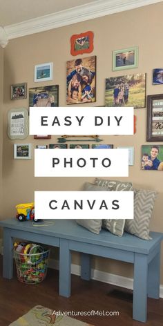 a blue bench sitting in front of a wall with pictures on it and the words easy diy photo canvass