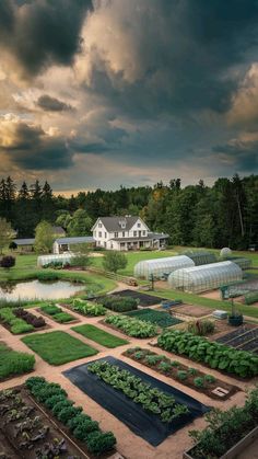 an aerial view of a large garden with many plants in the foreground and houses in the background