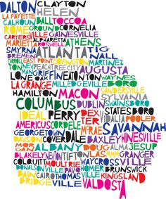 a map with the names of cities in different colors and sizes, including words that spell out