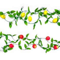 an arrangement of lemons and cherries with green leaves on white background for wall decoration