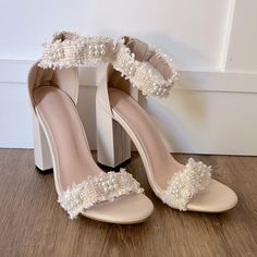 Love These Shoes! They Seem To Run True To Size Because I’m A 6 ½ And They Were About ½ Size Too Big Which Is By I Never Wore Them. Perfect For An Engagement, Shower, Wedding, Bachelorette Party, Etc Cream Colored Heels, Beaded Heels, Gold Ankle Strap Heels, Ralph Lauren Heels, Cute High Heels, Wedding Bachelorette Party, Tassel Shoes, Crochet Sandals, Colorful Heels