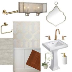 bathroom design board with gold accents and white fixtures including sink, mirror, toilet paper holder, towel rack, soap dispenser