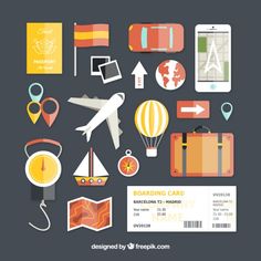 an assortment of travel related items on a dark background with text reading boarding card barcelona to madrid