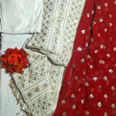 Handmade Three Piece White Suite - Pakistani Indian Style - Chiffon - Medium Red Dupatta Red Handwork Dupatta For Party, Red Georgette Dupatta For Celebration, Red Dupatta For Summer Parties, White Bohemian Blouse Piece With Zari Work, Elegant Zari Work Festival Dupatta, Elegant Zari Work Dupatta For Festival, White Georgette Dupatta For Celebration, Bollywood Style White Dupatta With Handwork, Elegant Red Dupatta With Handwork