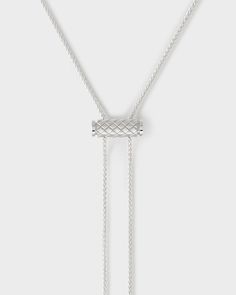 Gold Latch Pendant on GM Chain in White Gold Luxury White Lariat Necklace With Adjustable Chain, White Gold Jewelry With Rectangular Pendant Box Chain, Luxury White Sterling Silver Lariat Necklace, White Sterling Silver Lariat Necklace With Adjustable Chain, Silver Metal Necklace With Lock Detail, Delicate Details, Gold Pendant, Twist, Unique Designs