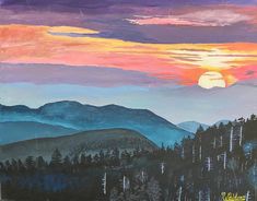 a painting of mountains and trees with the sun setting in the sky behind them,