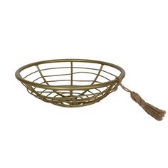 a round metal basket with tassels hanging from the side on a white background