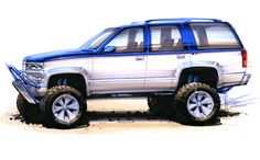 a drawing of a blue and white suv