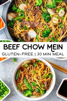 beef chow mein with broccoli and noodles in a skillet