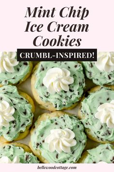 mint chip ice cream cookies with white frosting and chocolate chips on top in a pile