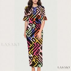 Lasaky - Striped and Color-blocked Printed Dress with Long Skirt and Floral Detailing Irregular Skirt, Bodycon Dress With Sleeves, Camisole Dress, Printed Long Dresses, High Waisted Flares, White Floral Dress, Elegant Dresses Long, Striped Maxi Dresses, Old People