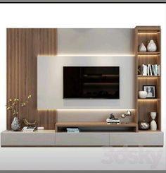 modern living room with white walls and wooden entertainment center in front of the flat screen tv