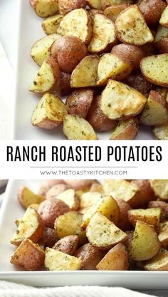 roasted potatoes on a white plate with text overlay that reads ranch roasted potatoes recipe