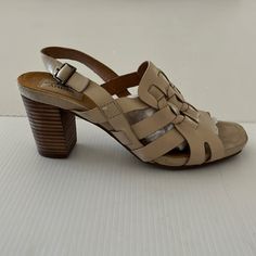 Excellent Unworn Condition Slingback Open Toe 3” Stacked Heel Buckle Closure With Black Buckle Leather Upper; Balance Manmade Cushioned Footbed Adjustable Beige Open Toe Slingback Sandals, Summer Slingback Pumps With Adjustable Strap And Round Toe, Adjustable Closed Toe Slingback Sandals With Heel Strap, Cream Slingback Sandals For Summer, Adjustable Beige Leather Slingback Sandals, Adjustable Slingback Heels For Spring, Spring Open Toe Slingback Pumps With Strap, Spring Slingback Heels With Adjustable Straps, Spring Open Toe Slingback Pumps