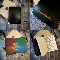 three harry potter themed notebooks on top of a wooden table next to an envelope