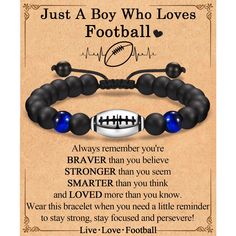 a bracelet with a football on it that says, just a boy who loves football