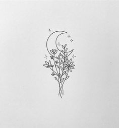 a black and white drawing of flowers with the moon in the sky behind them on paper