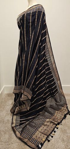 Beautiful Black Satin Banaras Silk Saree w/ Pure Zari w/ Blouse, Product ships immediately within the US. Elegant Black Sharara With Gota Work, Ceremonial Silk Traditional Wear With Gota Work, Black Raw Silk Saree For Wedding, Black Silk Dupatta For Reception, Elegant Black Ceremonial Dupatta, Formal Silk Dupatta With Gota Work, Black Chanderi Lehenga For Reception, Black Silk Lehenga For Reception, Black Raw Silk Dupatta With Cutdana