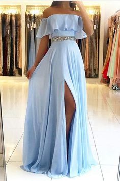 SSR382,blue off the shoulder strapless short sleeves split beaded chiffon evening dress · SheSheRose · Online Store Powered by Storenvy Sky Blue Prom Dress, Dress School, Off Shoulder Evening Dress, Cheap Prom Dresses Long, Trendy Prom Dresses, Blue Evening Dresses, Chiffon Evening Dresses, School Dance, Cute Prom Dresses