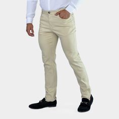 Mens Slim Fit Stretch Chinos Cream Slim Fit Full Length Elastane Pants, Modern Fitted Solid Bottoms, Slim Stretch Bottoms For Workwear, Fitted Slim Cotton Bottoms, Classic Comfort Stretch Pants For Business Casual, Classic Slim Fit Mid-rise Chinos, Elegant Mid-rise Cotton Bottoms, Slim Stretch Pants, Elegant Formal Pants With Five Pockets