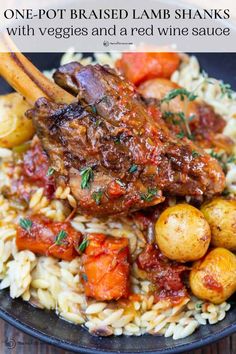 a close up of a plate of food with rice and meat on it, next to potatoes