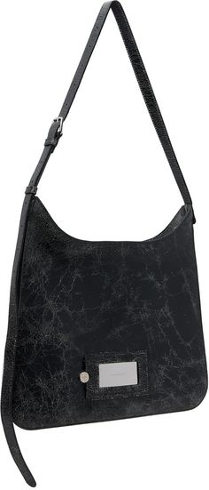 Cracked leather shoulder bag in black. · Adjustable shoulder strap · Logo patch at face · Accordion panel at sides · Detachable mirror at back face · Card slot at back face · Zip closure · Patch pockets at interior · Buffed faux-leather lining · H13.5 x W14.5 x D1 Supplier color: Black Designer Rectangular Hobo Bag With Silver-tone Hardware, Square Shoulder Bag With Silver-tone Hardware For Everyday, Square Shoulder Bag With Silver-tone Hardware, Elegant Rectangular Hobo Bag With Gunmetal Hardware, Formal Hobo Shoulder Bag With Gunmetal Hardware, Formal Hobo Bag With Gunmetal Hardware, Modern Hobo Shoulder Bag With Leather Backing, Modern Leather-backed Hobo Shoulder Bag, Rectangular Hobo Bag With Silver-tone Hardware For Evening