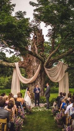 an outdoor wedding ceremony in the woods