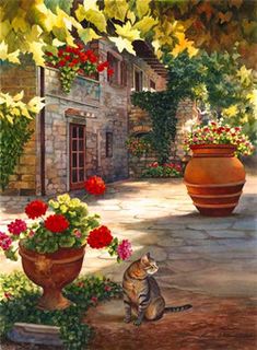 a painting of a cat sitting in front of some potted plants and flowers on the ground