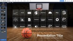 an image of a basketball on the floor in front of a computer screen with icons