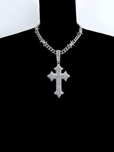 * Stainless Steel Chain & Cubic Zirconia Charm * Includes a 3" extension for adjustability Silver Figaro Chain Necklace For Streetwear, Silver Curb Chain Necklace With Cross Pendant, Streetwear Jewelry: Cross Pendant Chain, Streetwear Jewelry With Cross Pendant Chain, Streetwear Cross Pendant Chain Jewelry, Silver Cross Curb Chain Necklace, Silver Cross Chain Necklace With Curb Chain, Diamond Jewerly, Urban Jewelry