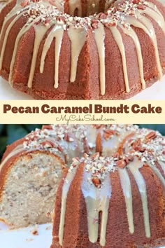 a cake with icing and nuts on top is sitting on a plate next to the bundt cake