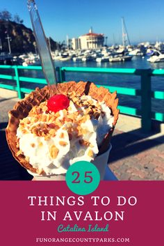 an ice cream sundae with the words 25 things to do in avalon california