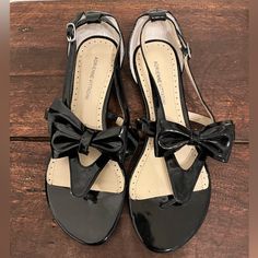 New Never Used. No Box Black Flat Heel Sandals With Bow, Black Sandals With Bow And Flat Heel, Black Sandals With Bow, Black Flat Sandals For Evening, Black Adjustable Low Heel Sandals, Adjustable Black Low Heel Sandals, Sandals With Bow, Black Chunky Heels, High Heel Dress