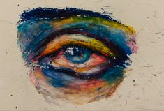 an abstract painting with multicolored lines on the bottom half of the image and eye in the middle