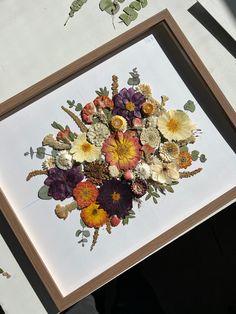 Framed fall inspired wedding bouquet. Pressed wedding flowers, deep purple dahlias, zinnias, and more. Pressed Bouquet, Pressed Wedding Bouquet, Pressed Flowers Framed, Bouquet Frame, Pressed Florals, Pressed Flowers Frame, Bouquet Art, Fall Bouquet, Wedding Bouquet Preservation