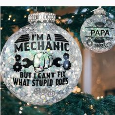 Dads Glitter Christmas Tree Ornament, Customized/Personalized Gift| White Elephant Present, Funny Gag Gift, Mechanics Ornament Gift, Hostess Materials: Vinyl Balck (Says; "I'm A Mechanic, But I Can't Fix What Stupid Does") Back Is A Wrench Name Block Disk Ornament-Shatter Prof (4.5" Inches) Glitter Decoupage Rhinestone Trimmings Mesh Ribbon Add Your Name On Back For Free! Funny Christmas Ornaments Diy, Christmas Glitter Ornaments, Ornaments Diy Kids, Glitter Christmas Tree, Christmas Arts And Crafts, Gag Gifts Funny, Glitter Ornaments, Beaded Christmas Ornaments, Christmas Holly