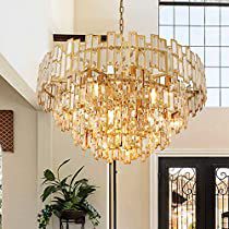 a chandelier hanging from the ceiling in a living room with potted plants