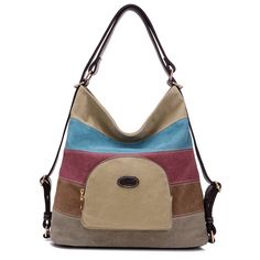 Rainbow canvas backpack with a zipper pocket in front. Canvas Backpack Women, Soft Leather Tote, Retro Shoulder Bag, Colorful Handbags, Canvas Handbags, Rainbow Design, Shoulder Messenger Bag, Canvas Shoulder Bag, Zambia