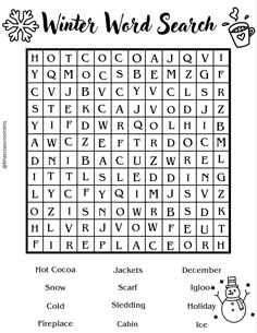 the winter word search is shown in black and white