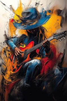 a painting of a man with a guitar in his hand and wearing a cowboy hat