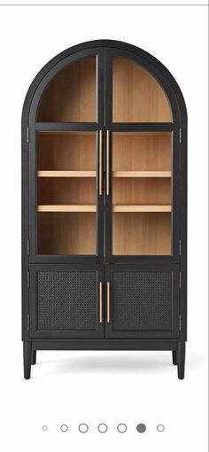 a black cabinet with glass doors and shelves on the bottom, in front of a white background