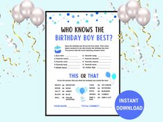 Fun Birthday Party Game "Who knows the birthday boy best?" Or Get the 10 Game Bundle For Him which includes this "who knows birthday boy best" printable: https://skyeinside.etsy.com/listing/1597504311 Includes 10 fun birthday party games for boy's birthday. Check this link for details.  Make the birthday party more enjoyable & memorable with this "how well do you know the birthday boy" game.  How to Use This Product? Make the birthday boy answer the questions first and then ask all the other gue Who Knows The Birthday Boy Best, Birthday Questionnaire, Birthday Quiz, 18th Party, Birthday Party Game, Games For Boys, Fun Birthday Party, Birthday Planning, Birthday Party Games