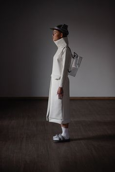 dress white women dress faux leather long sleeve by IngaSkripka White Turtleneck Outerwear For Spring, White Fitted Turtleneck Outerwear, Elegant High Neck Winter Outerwear, Futuristic Long Sleeve Outerwear For Fall, White Funnel Neck Winter Outerwear, White Funnel Neck Outerwear For Fall, Modern White Outerwear For Fall, Modern White Long Sleeve Outerwear, Modern White Outerwear With Pockets